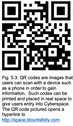 Fig. 5.3: QR codes are images that users can scan with a device such as a phone in order to gain information. Such codes can be printed and placed in real space to give users entry into Cyberspace. The QR code pictured opens a hyperlink to http://space.blountsfolly.com