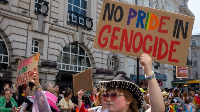 London  UK - Jun 29 2024: LGBTQ+ people call for a free Palestine  at the annual Pride in London parade. The celebration brings together people from LGBTQ+ communities.