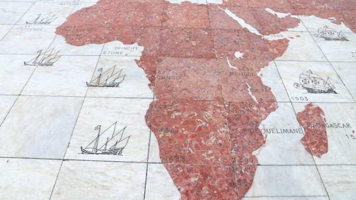 Africa map of Portuguese discoveries and colony conquests made of marble stone in Belem district of Lisbon, Portugal.